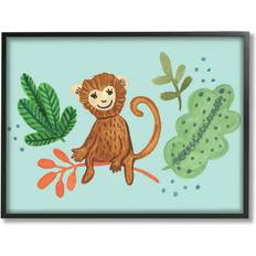Stupell Industries Cute Monkey Sitting Plants Leaves Illustration Black Framed Art 14x11"