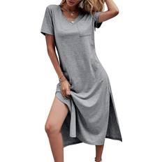 Dyexces Dresses for Women 2022 V Neck Short Sleeve Summer Maxi Dress Solid Basic Side Slit Casual T-Shirts Dress with Pockets Grey