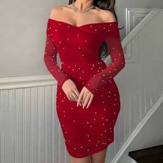 Shein Knielange Kleider Shein Schulterfreies Rüschen Und Perlen Verziertes Bodycon Kleid