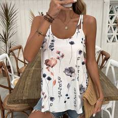 Shein White Tank Tops Shein Womens Floral Print Scoop Neck Tank Top With Curved Hem