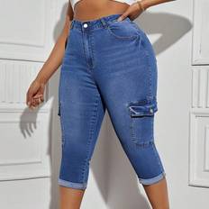 Shein Blue - Women Jeans Shein Plus Womens Elastic Denim Skinny Jeans With Flared Hem And Pockets Versatile And Slimming