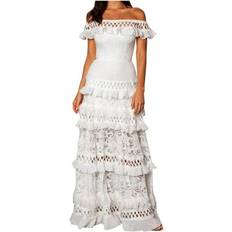 YWDJ Formal Dresses for Women Evening Party Lace Summer Maxi Dress Stapless Cascading Ruffle Dress Hollow Out Female Party Dresses Night Club Spring Summer Dresses for Women 2023WhiteS