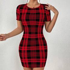 Shein Red Clothing Shein Plaid Print Bodycon Dress