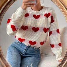 Shein White Sweaters Shein Heart Pattern Drop Shoulder Sweater