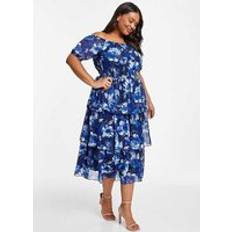 Quiz Curve Navy Chiffon Floral Bardot Midi Dress, Dark Blue, 26, Women