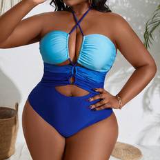 Shein Blue - Women Swimsuits Shein Plus Color Block Hollow Out Halterneck OnePiece Swimsuit