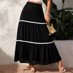 Shein 4XL - Women Skirts Shein Summer Vacation Color Block Woven Belt Patchwork Skirt With High Waist And Loose Fit