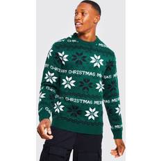 Christmas Sweaters - L - Men boohooMAN Mens Merry Christmas Fairisle Sweater Green