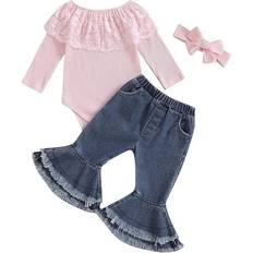 Infant Rib Frill Top & Flared Pant Set - Pink