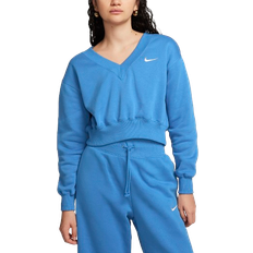 Nike Blau - Damen Pullover Nike Sportswear Phoenix Fleece Women's Cropped V-Neck Top - Star Blue/Sail