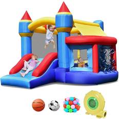 Bouncy Castles Costway Castle Slide Inflatable Bounce House with Ball Pit and Basketball Hoop