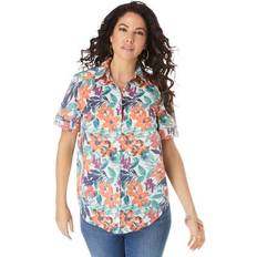 Clothing Roaman's Plus Short-Sleeve Kate Big Shirt by in Orange Paradise Garden Size W Button Down Shirt Blouse