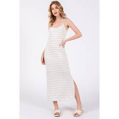 Mocha Striped Knit Side Slit Sleeveless Midi Dress