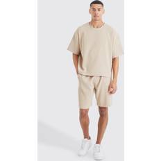 Beige - Women Suits boohooMAN Mens Pleated Oversized Shirt And Short Set Beige