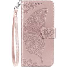 Wallet Cases DiGPlus Galaxy A12 Wallet Case, [Butterfly & Flower Embossed] Leather Wallet Case Flip Protective Phone Cover with Card Slots and Kickstand for Samsung Galaxy A12 6.5-inch Rose Gold