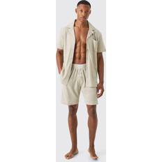 Beige - Men Pajamas boohooMAN Mens Waffle Lounge Shirt & Short Set In Stone Beige