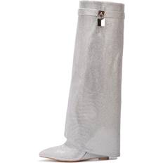 Silver - Women Boots Cape Robbin Crara Fold Over Rhinestone Boots, Silver