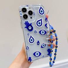 Apple iPhone 11 Mobile Phone Cases Shein Ins White Flower & Blue Evil Eye Design Air Cushion Phone Case With Eyelet Strap for iPhone