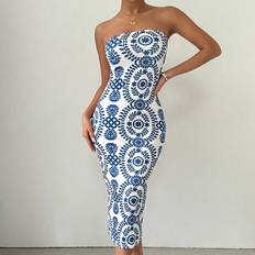 Shein Blue - Women Dresses Shein Summer Casual Strapless Bodycon Print Dress