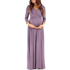 Mother Bee Maternity V Neck 3/4 Sleeve Ruched Waist Dress Vintagepurple