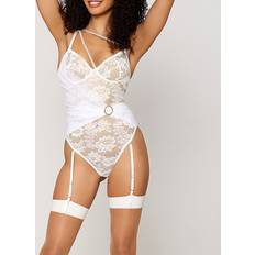White Lingerie Sets Dreamgirl Floral lace garter teddy with asymmetrical strappy details
