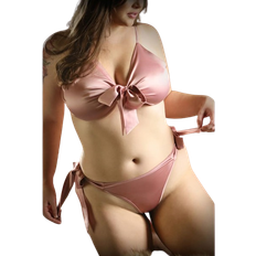 Polyester - Women Lingerie Sets Fantasy Lingerie Tie Front Top and Panty - Pink