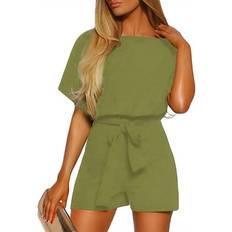 Unisex Jumpsuits & Overalls Women Casual Boat Neck Rompers Loose Short Sleeve Jumpsuit High Waist Belted One Piece Playsuit XS-2XL