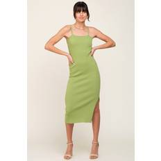 Light Olive Ribbed Knit Side Slit Midi Dress