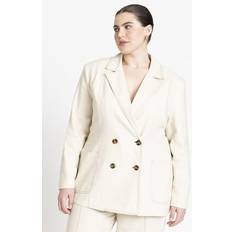 Beige - Women Suits Eloquii Plus Women's Topstitch Detail Linen Blazer in Neutral Size 26