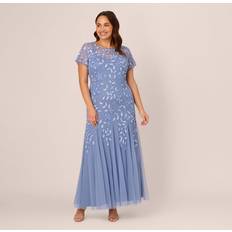 Plus Hand Beaded Short Sleeve Floral Godet Gown In French Blue