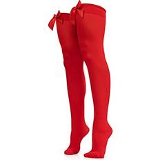 Red - Women Pantyhose Skeleteen Bow Accent Thigh Highs Red Over The Knee High Stockings with Red Satin Ribbon Bow Accent for Women and Girls