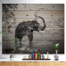 Design Art 'Elephant Bathing' Traditional Wood Wall Panels Pine Framed Art