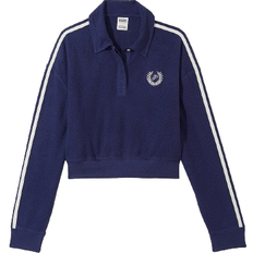 Blue - Women Sweaters PINK Reverse Fleece Cropped Polo Sweatshirt - Midnight Navy