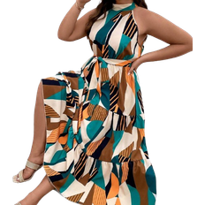 Ausgestellte Kleider - Damen Shein VCAY Plus Geo Print Ruffle Hem Belted Halter Dress