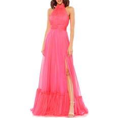 High Neck Tiered Chiffon Halter Gown - Hot Pink