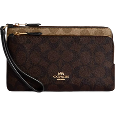 Coach Double Zip Wallet In Blocked Signature Canvas - Gold/Khaki Brown Multi