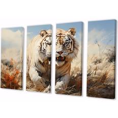 Design Art White Tiger On Rolling Grassland I Multicolour Framed Art 48x28"