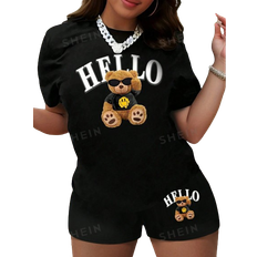 Black - Women Jumpsuits & Overalls Shein Slayr Cartoon Bear & Letter Printed Casual T-Shirt And Shorts Set