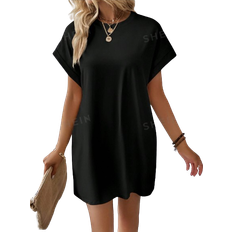 T-Shirt-Kleider Shein Lune Solid Batwing Sleeve Hidden Pocket Tee Dress