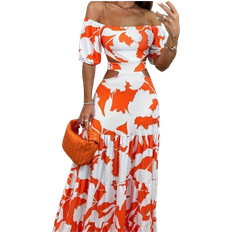 Lange Kleider - Orange Shein Graphic Print Off Shoulder Cut Out Waist Ruffle Hem Dress