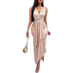 Long Dresses - Pink Shein Sleeveless Ruched Draped Front Asymmetrical Hem Satin Dress