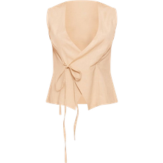 PrettyLittleThing Linen Wrap Tie Front Waist Coat - Stone