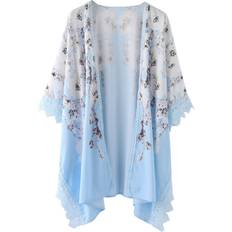 AZZAKVG Floral Print Puff Sleeve Kimono Cardigan - Blue