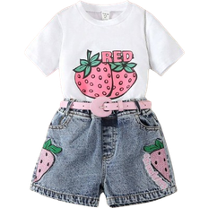 Shein Young Girl Summer 2pcs/Set Strawberry & Letter Print Short Sleeve T-Shirt And Embroidered Elastic Waistband Denim Shorts With Belt