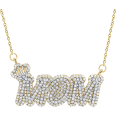 WJD Exclusives 1CTW Natural Diamond 10K Yellow Gold Pave "MOM" crown Pendant Cable Necklace 18"