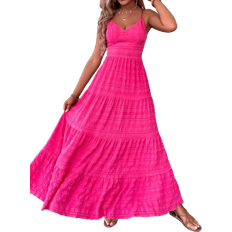 Long Dresses - Pink Shein Frenchy Ladies' Textured Long Slip Dress With Spaghetti Straps