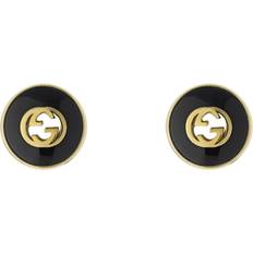 Gucci Women Earrings Gucci Women's Interlocking 18ct Yellow Gold Onyx Stud Earrings