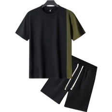 Shein Men Jumpsuits & Overalls Shein Men's Summer Color Block Short Sleeve T-shirt And Shorts Set, Casual Pocket Drawstring Elastic Waistband Sports Outfit, 2pcs