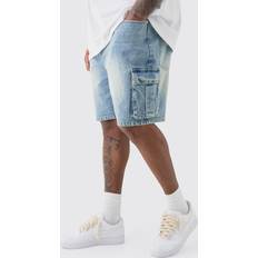 Cargo Shorts - White boohooMAN Mens Plus Rigid Denim Relaxed Fit Cargo Shorts In Light Wash White