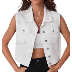 Shein Women Jackets Shein Essnce Flap Pocket Button Front Vest Denim Jacket